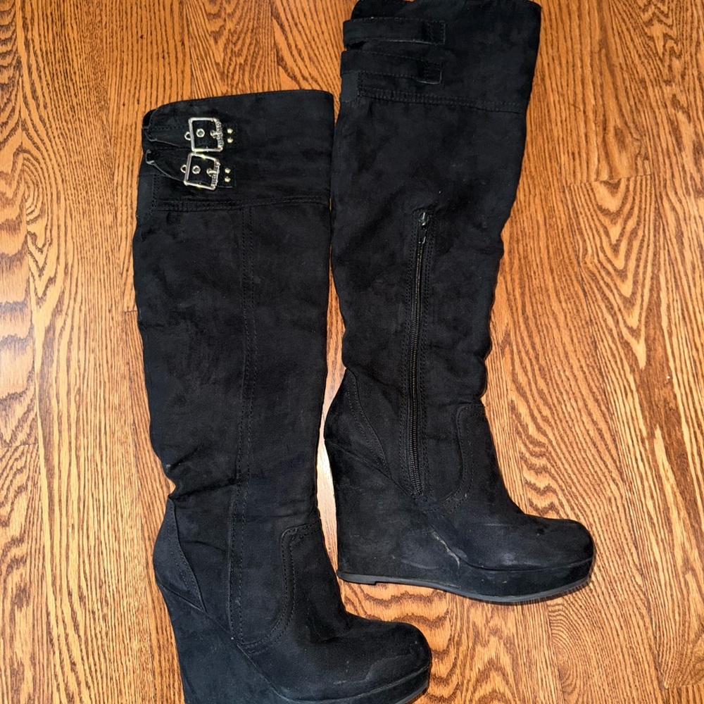 Black Suede Knee-High Boots